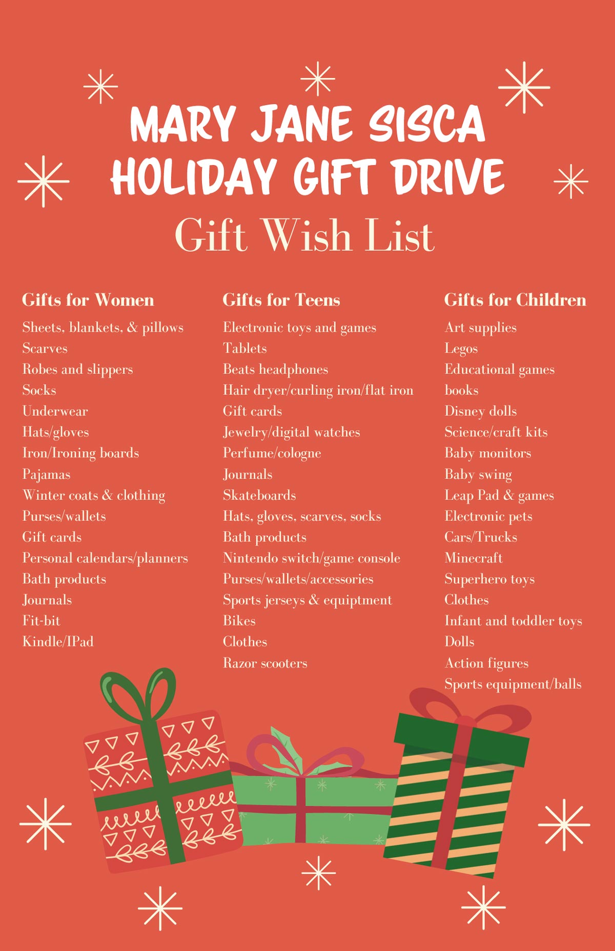 Mary Jane Sisca Holiday Gift Drive